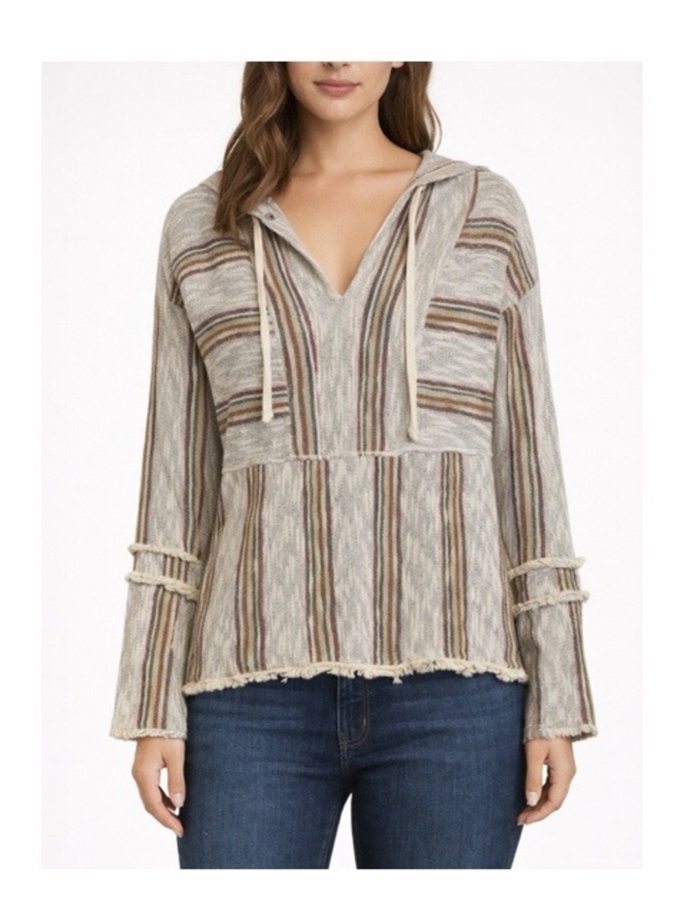 Anthropologie Current Air Linen Blend Baja Striped Fringe Hooded Sweater